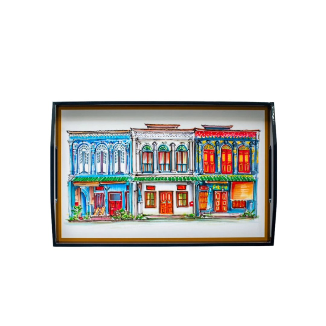 Singapore Themed Lacquer Trays - Blue Emerald Hill