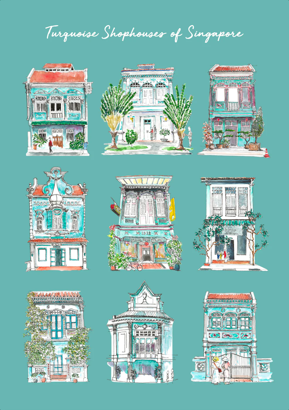 Organic Cotton Tea Towel (Turquoise Joo Chiat Shophouse)