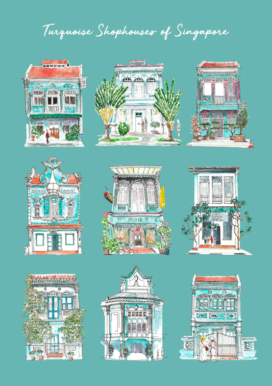 Organic Cotton Tea Towel (Turquoise Joo Chiat Shophouse)