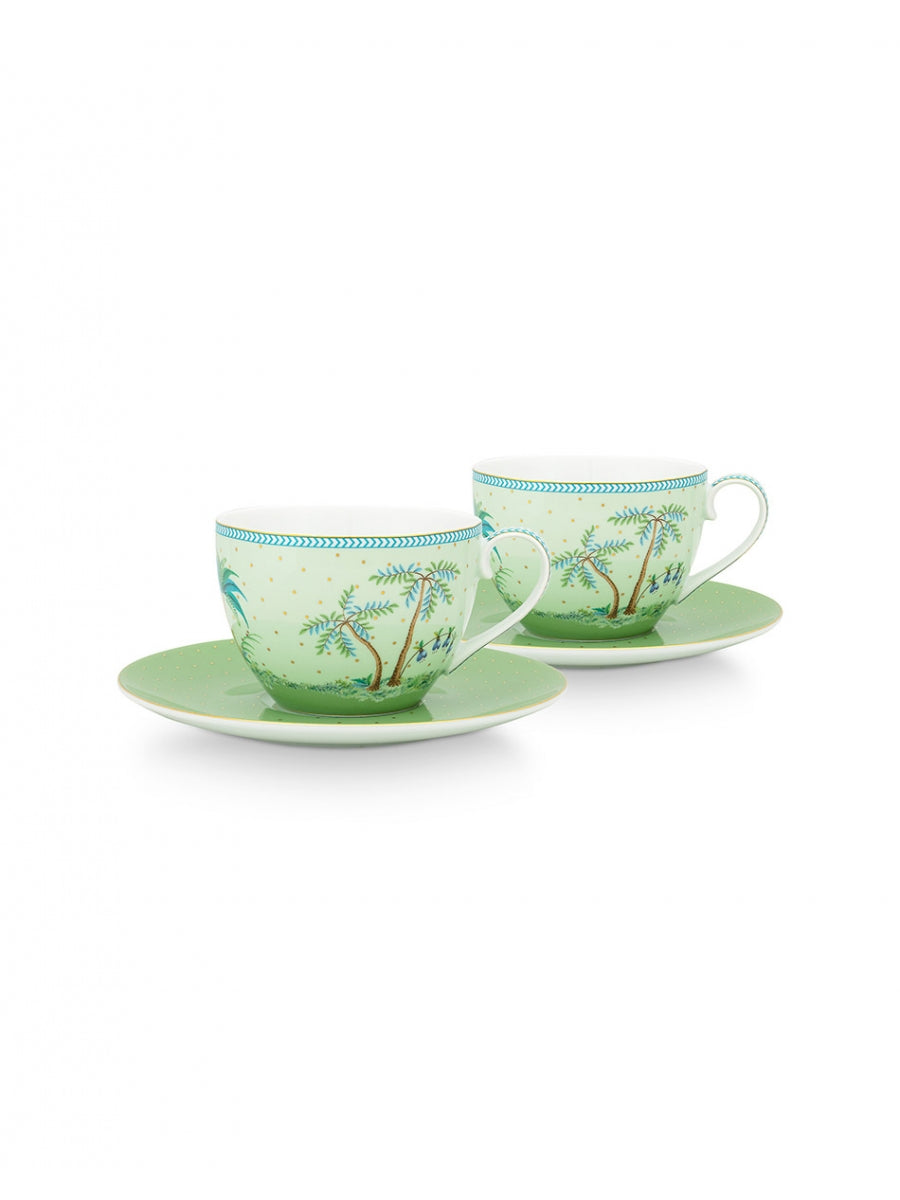 Set of 2 Cups and Saucers 280 ML Jolie Gold Dots Green