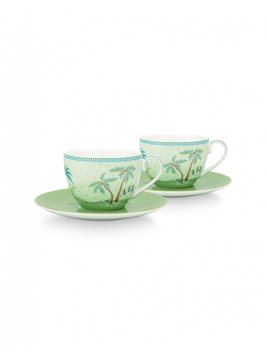 Set of 2 Cups and Saucers 280 ML Jolie Gold Dots Green