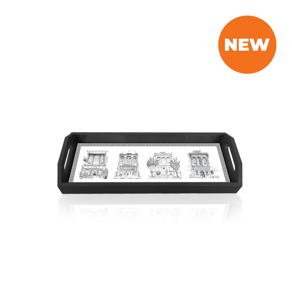 Black Oblong Lacquer Tray - Black & White Shophouses