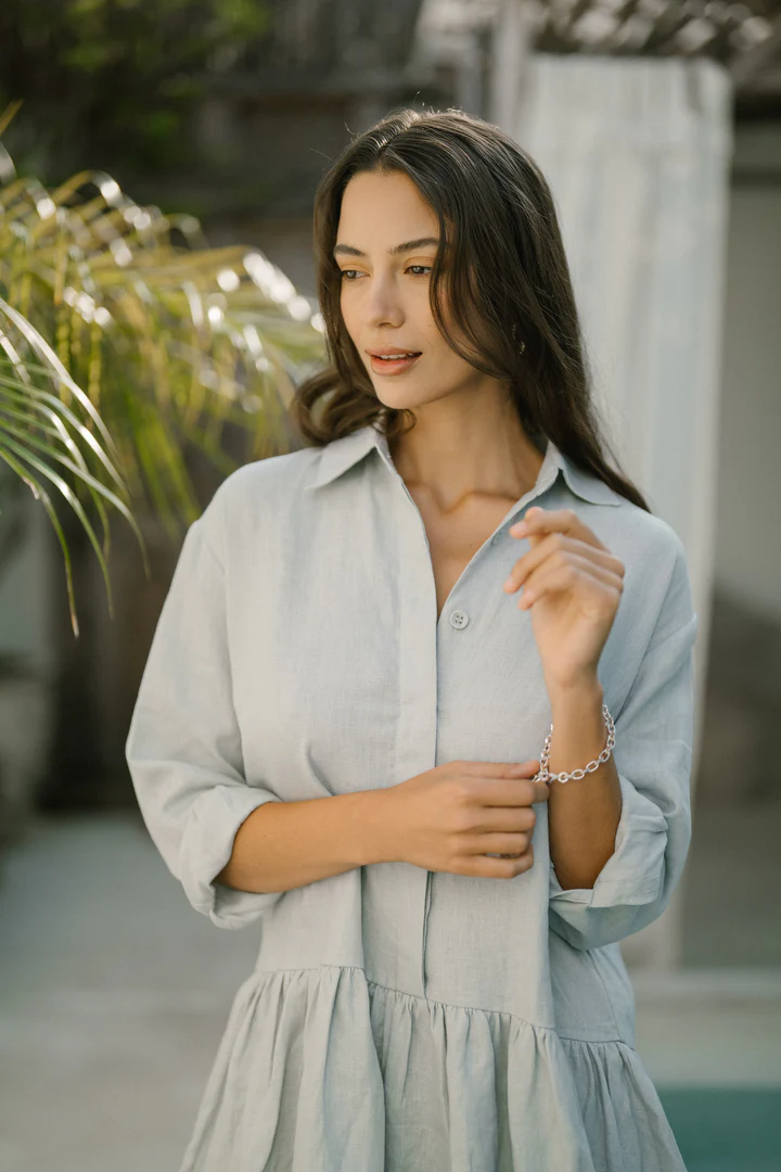 Classic Linen Drop Waist Dress in Summery Pale Blue