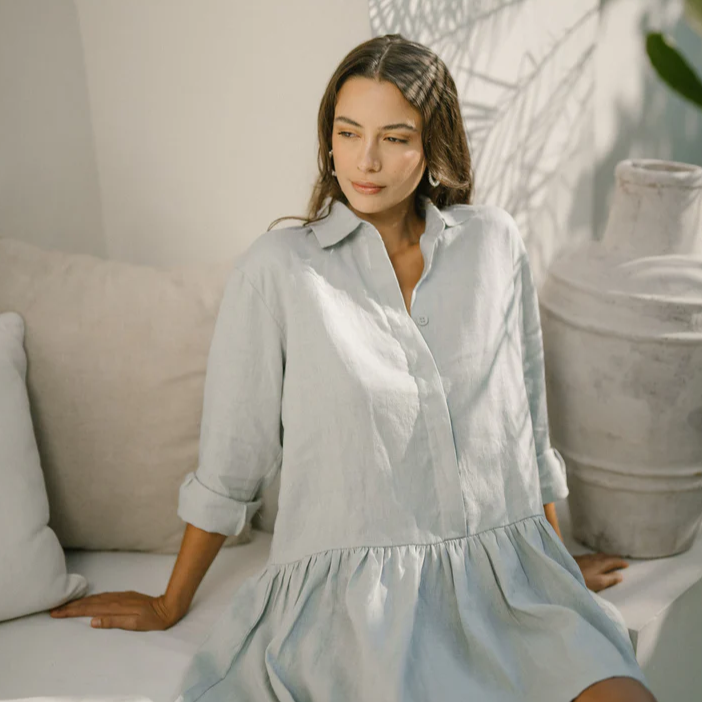 Classic Linen Drop Waist Dress in Summery Pale Blue