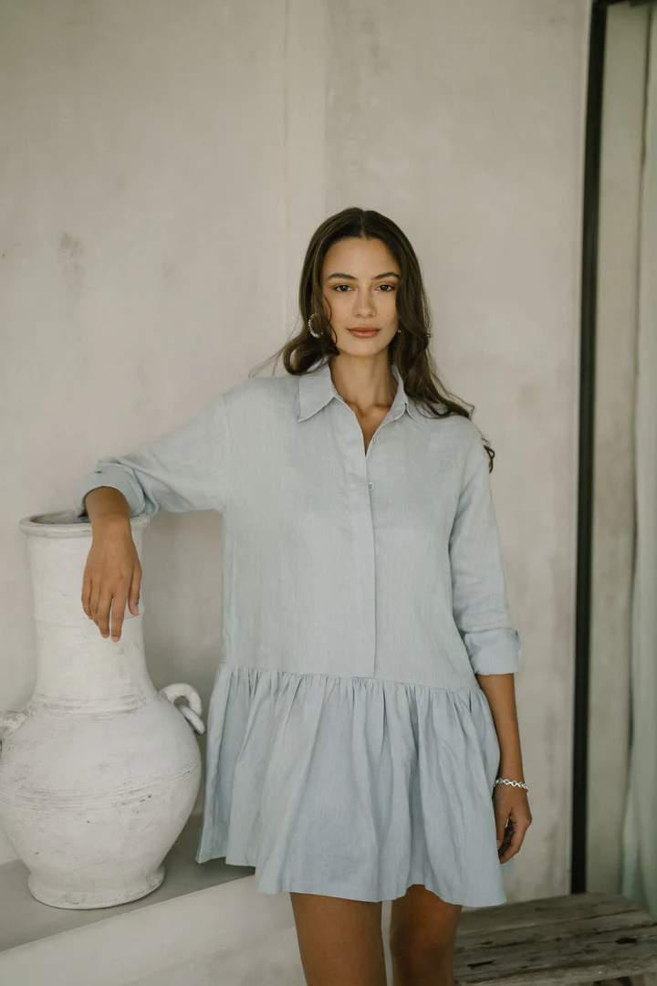 Classic Linen Drop Waist Dress in Summery Pale Blue