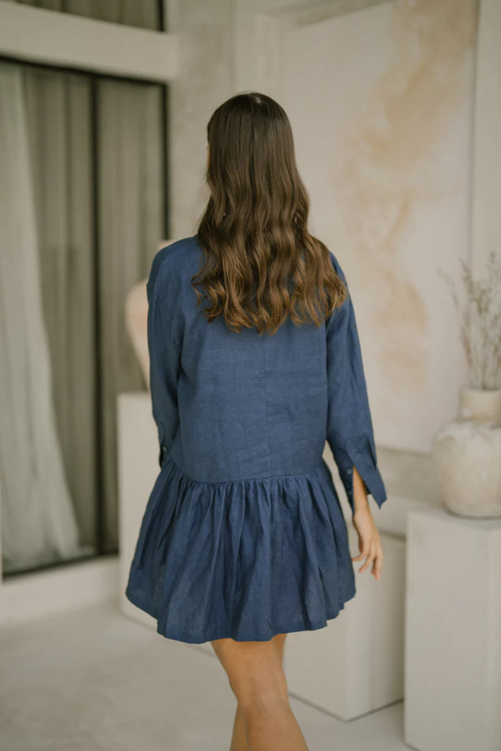 Classic Linen Drop Waist Dress in Navy Blue