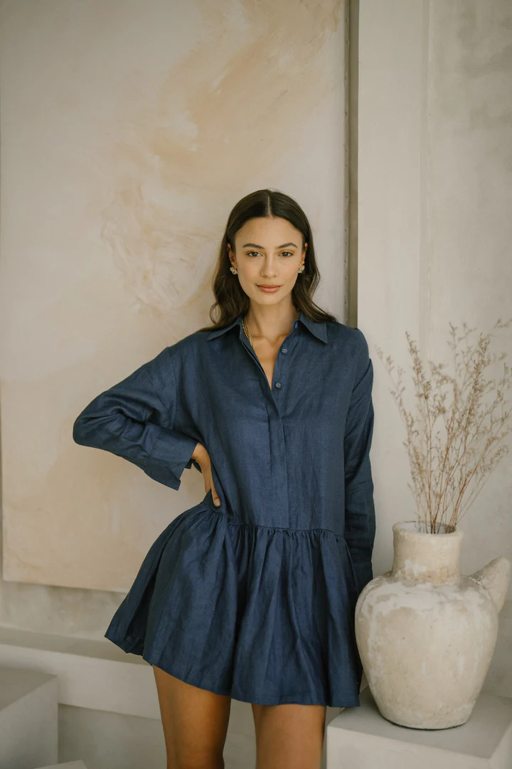 Classic Linen Drop Waist Dress in Navy Blue