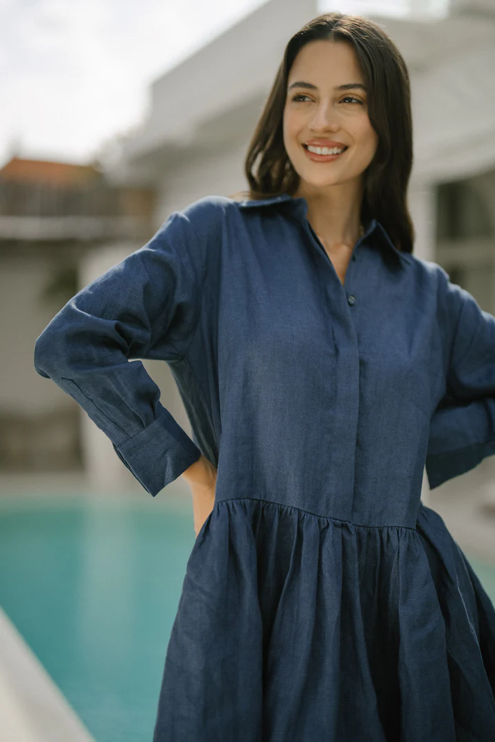 Classic Linen Drop Waist Dress in Navy Blue