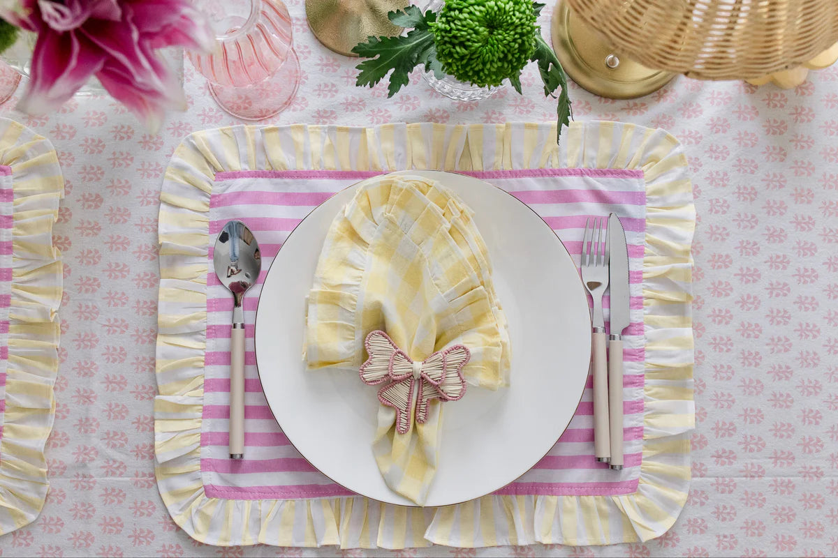 STRIPED COTTON PLACEMATS WITH FRILLS (PINK WITH YELLOW) SET OF 4