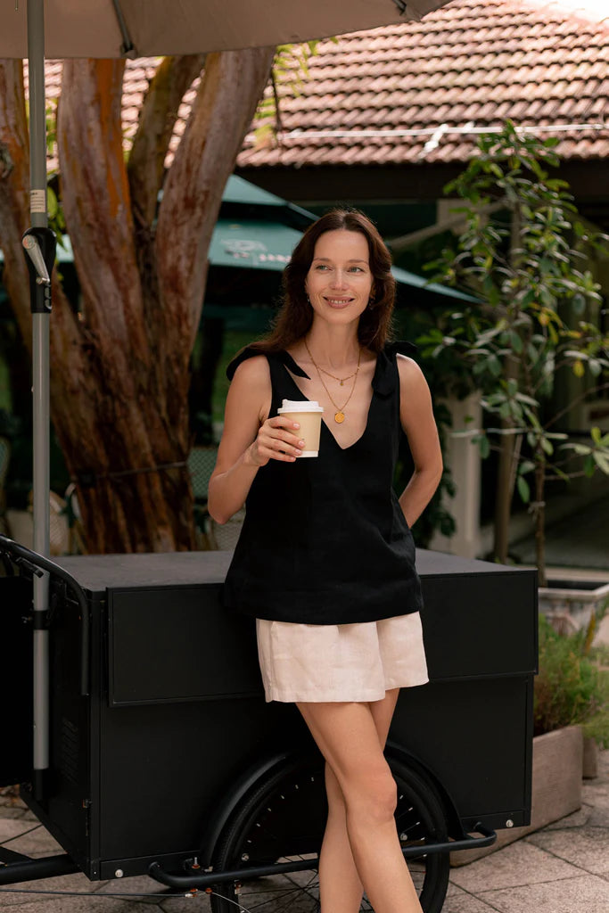 Classic Linen Shoulder Tie Top in Black