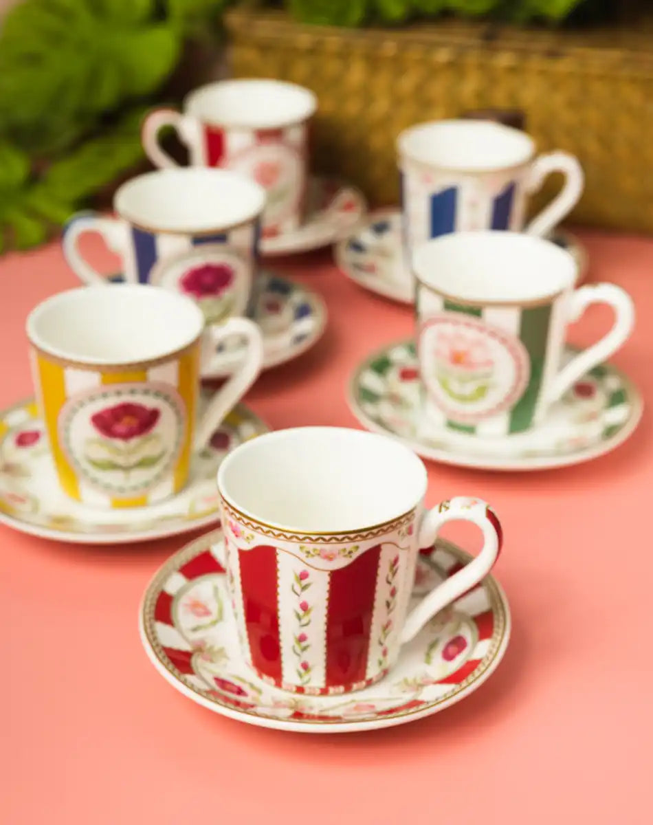 Set of 6 Coffee Cups and Saucers 100 ml Flowery