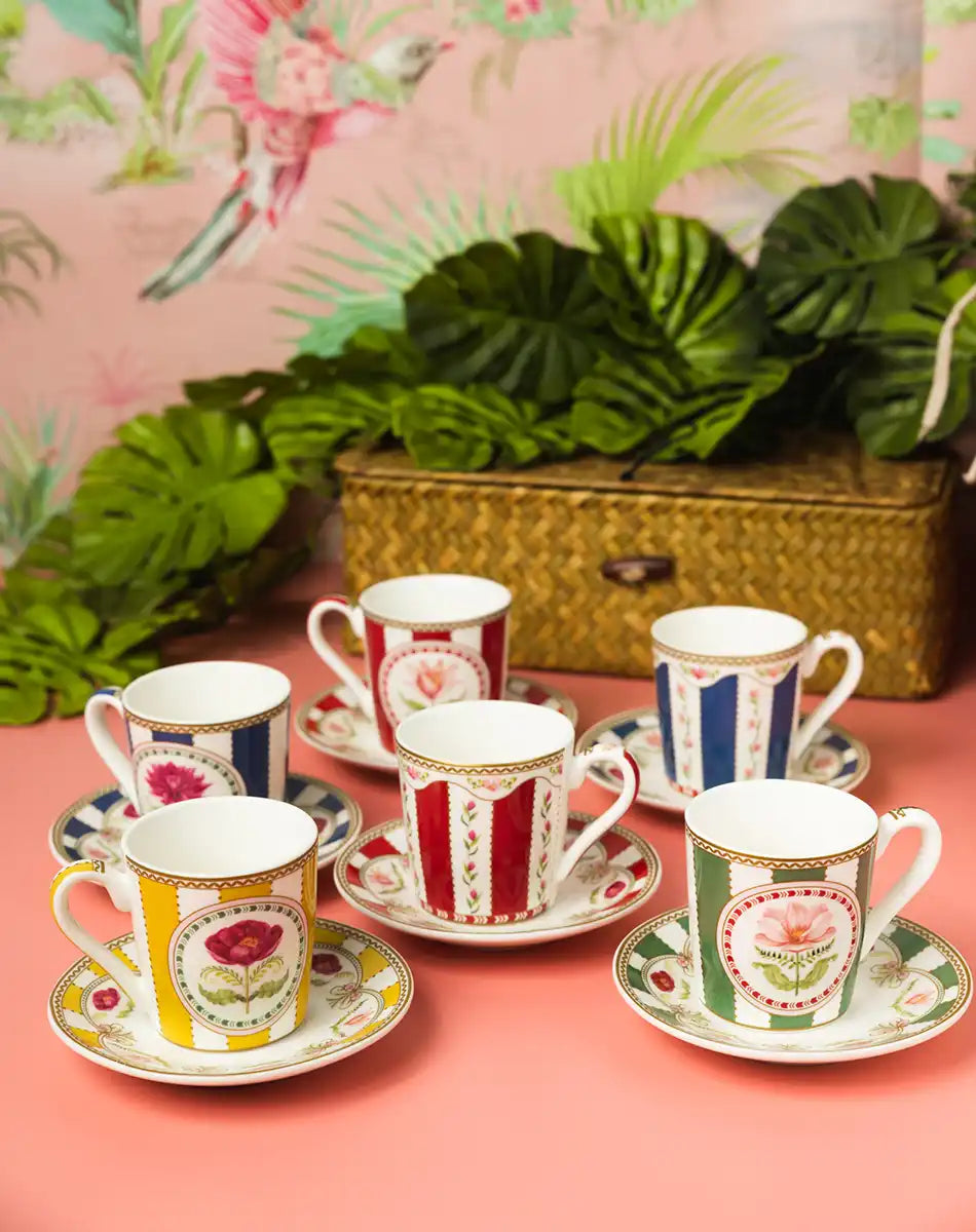 Set of 6 Coffee Cups and Saucers 100 ml Flowery