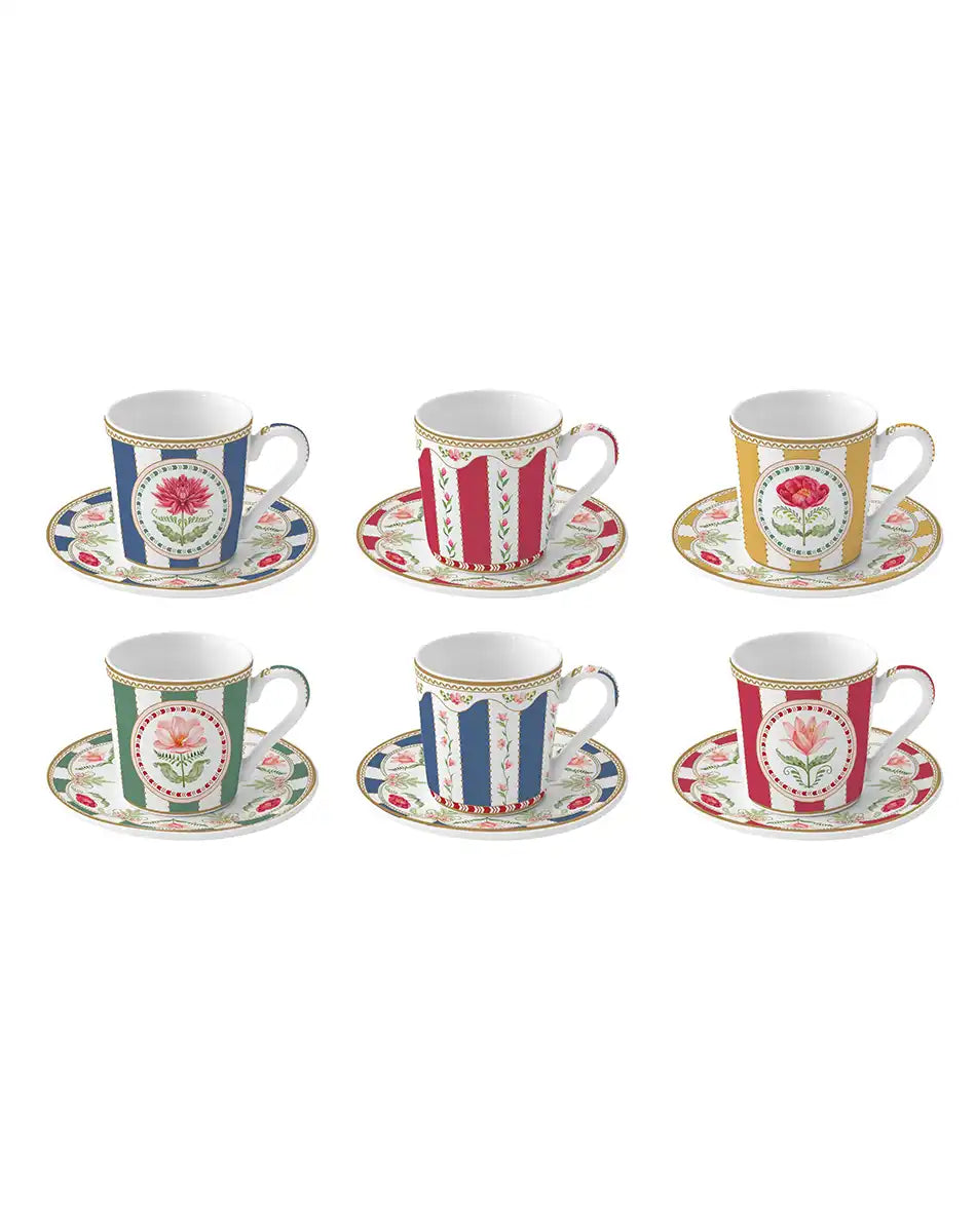 Set of 6 Coffee Cups and Saucers 100 ml Flowery