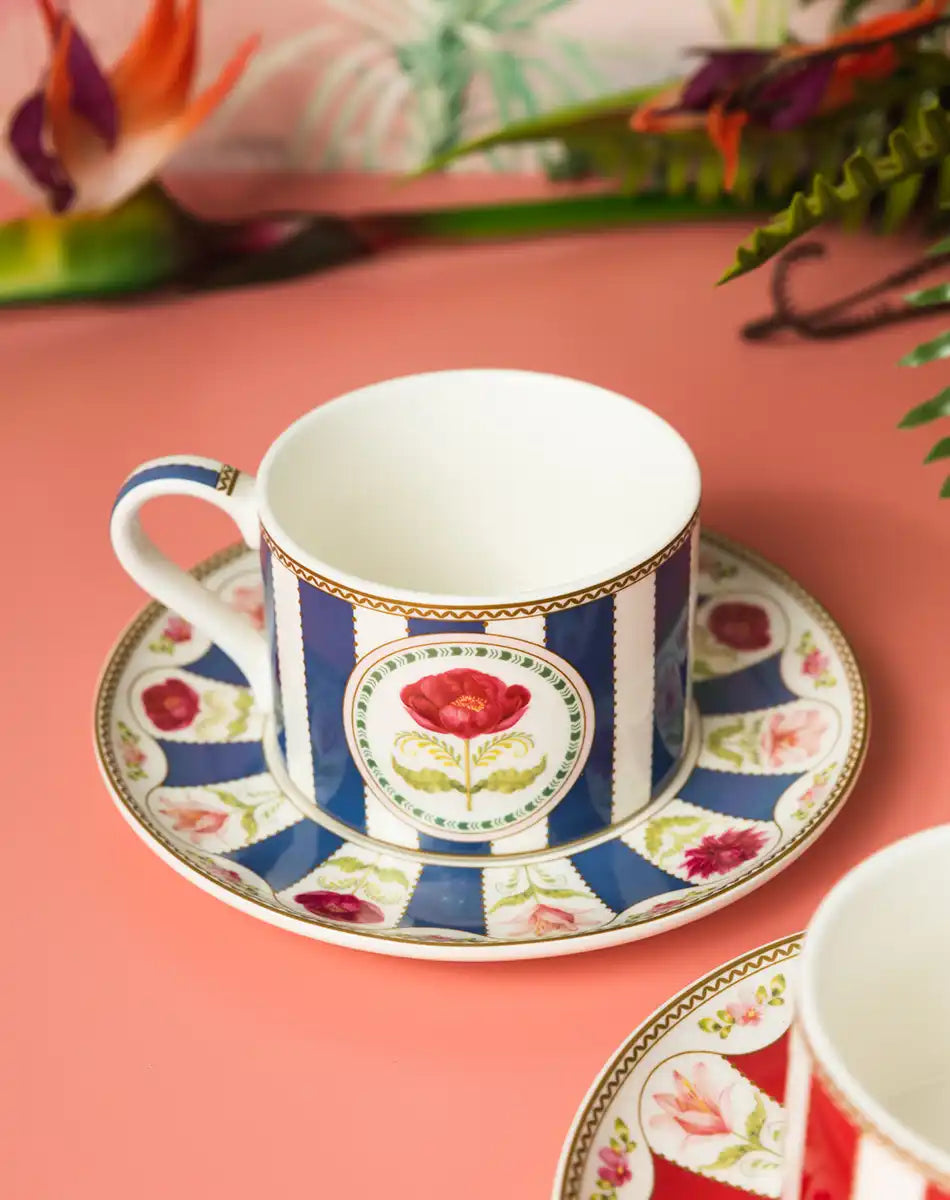 Set of 2 Cups and Saucers 240 ml Flowery