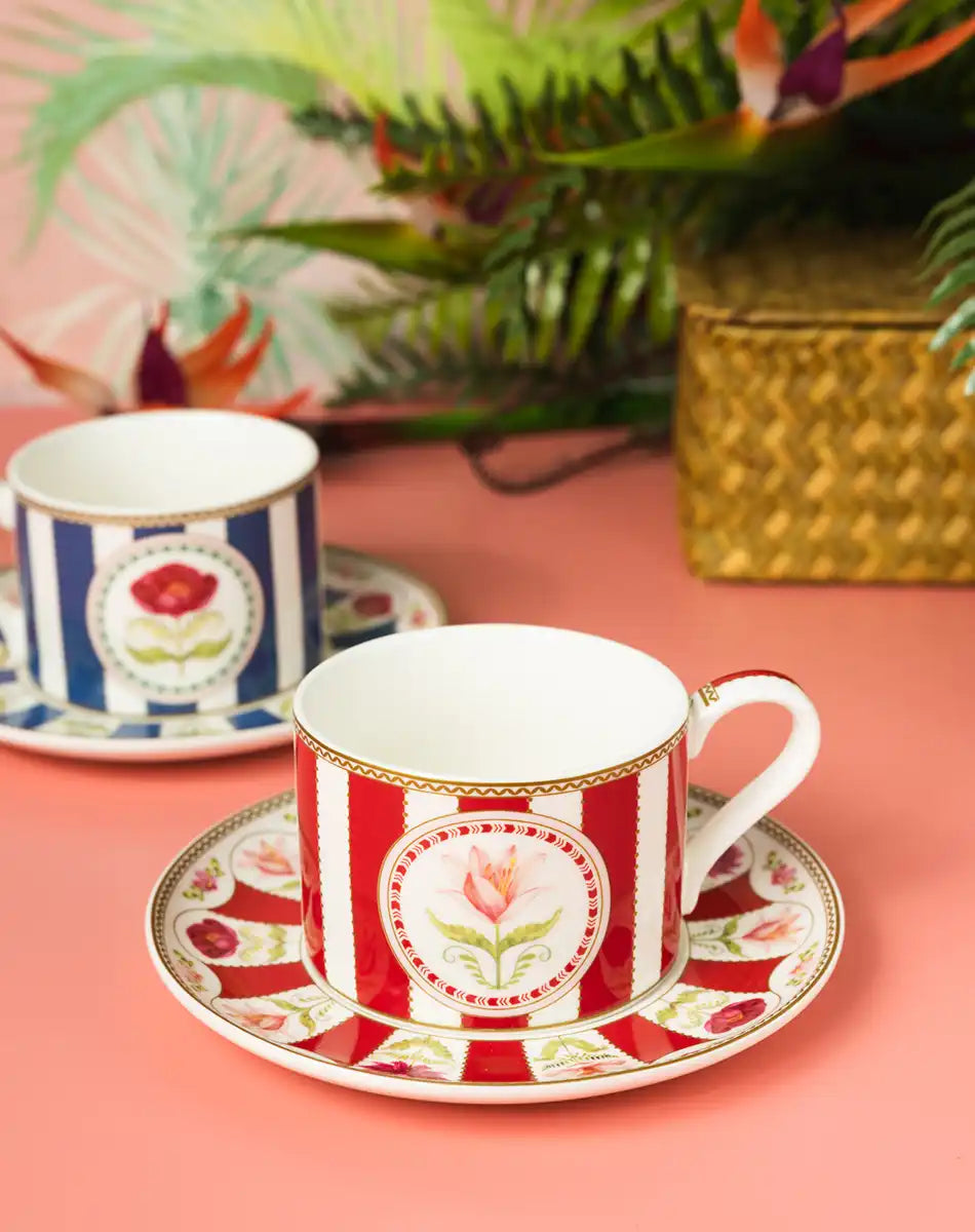 Set of 2 Cups and Saucers 240 ml Flowery