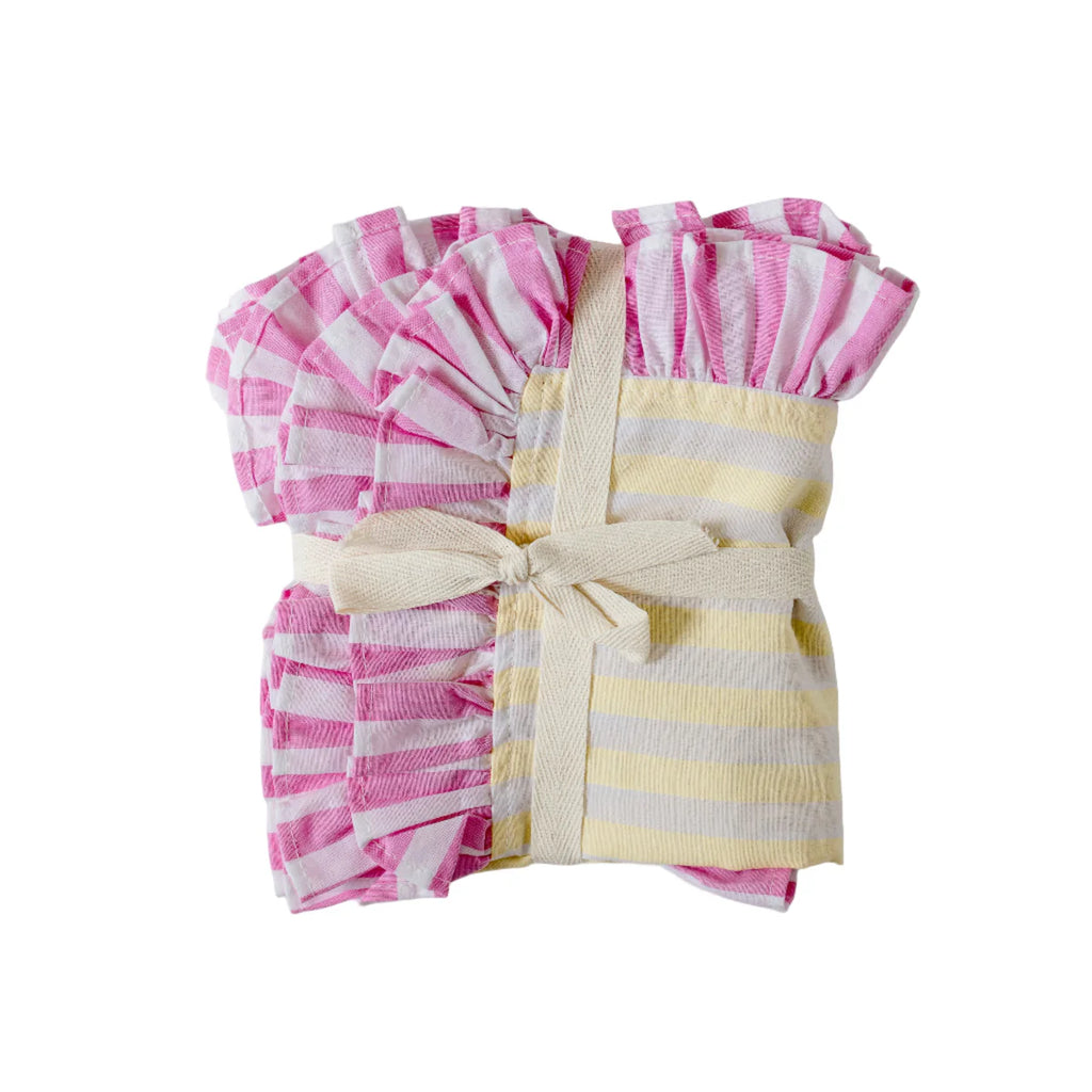 STRIPED COTTON PLACEMATS WITH FRILLS (YELLOW WITH PINK) SET OF 4
