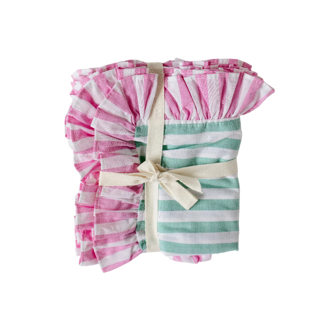 STRIPED COTTON PLACEMATS WITH FRILLS (GREEN WITH PINK) SET OF 4