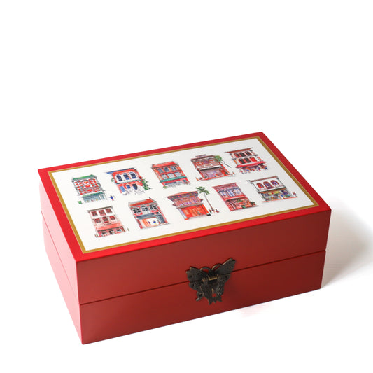 Red Lacquer Jewellery Box - Red Shophouses