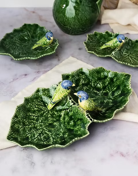 Green Double Leaf With Blue Birds Plate 34 cm