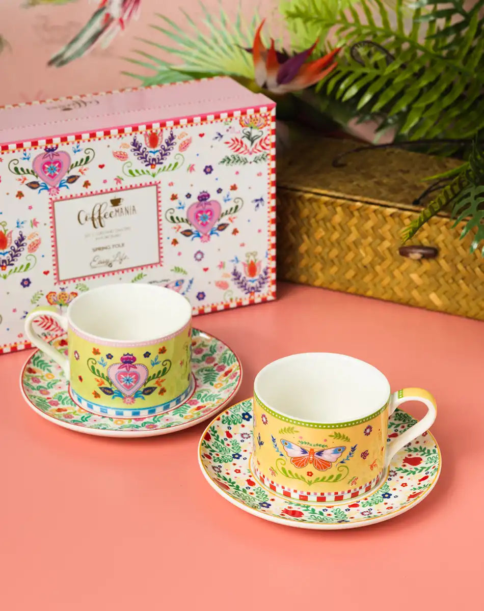 Set of 2 Cups and Saucers 240 ml Spring Folk