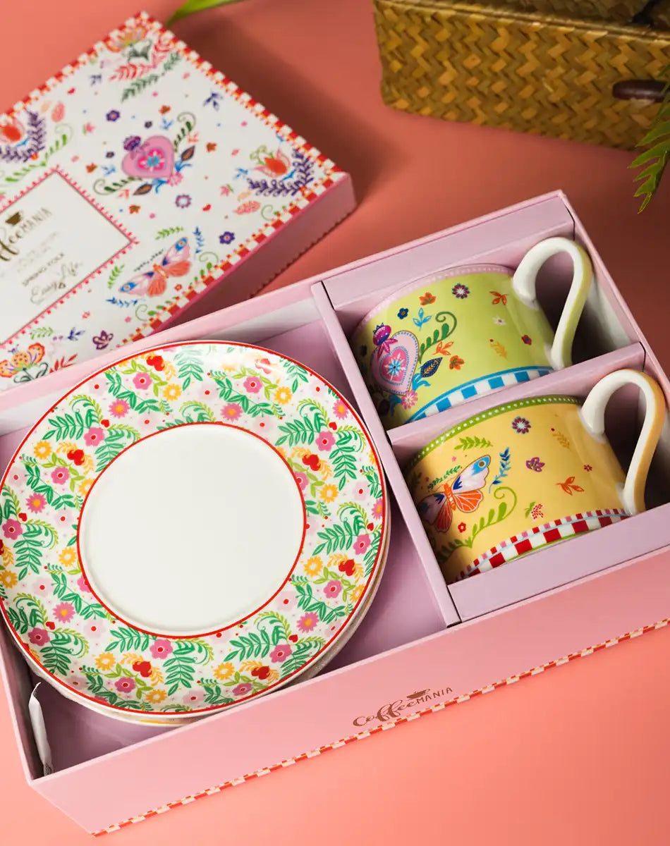 Set of 2 Cups and Saucers 240 ml Spring Folk