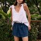 Classic Linen Shoulder Bow Tie Top in White