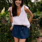 Classic Linen Shoulder Bow Tie Top in White
