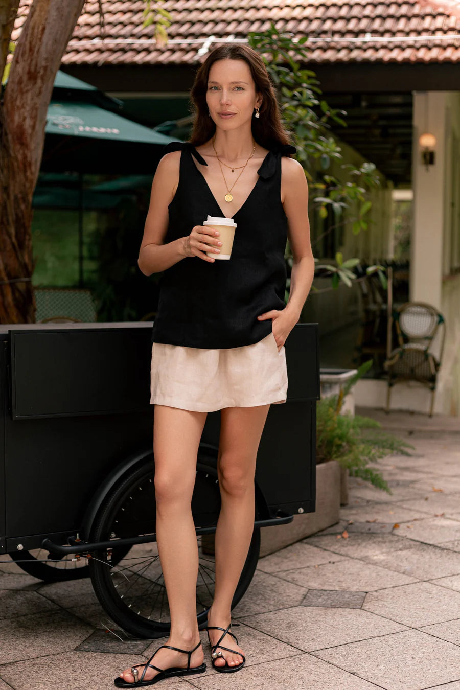 Classic Linen Shoulder Bow Tie Top in Black