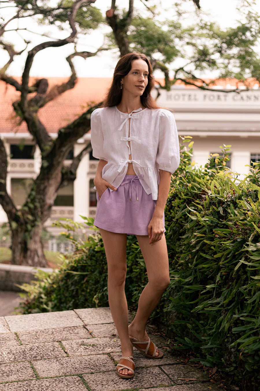 Classic Linen Front Bow Tie Top in White