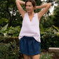 Classic Linen Shoulder Bow Tie Top in White
