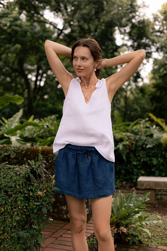 Classic Linen Shoulder Bow Tie Top in White