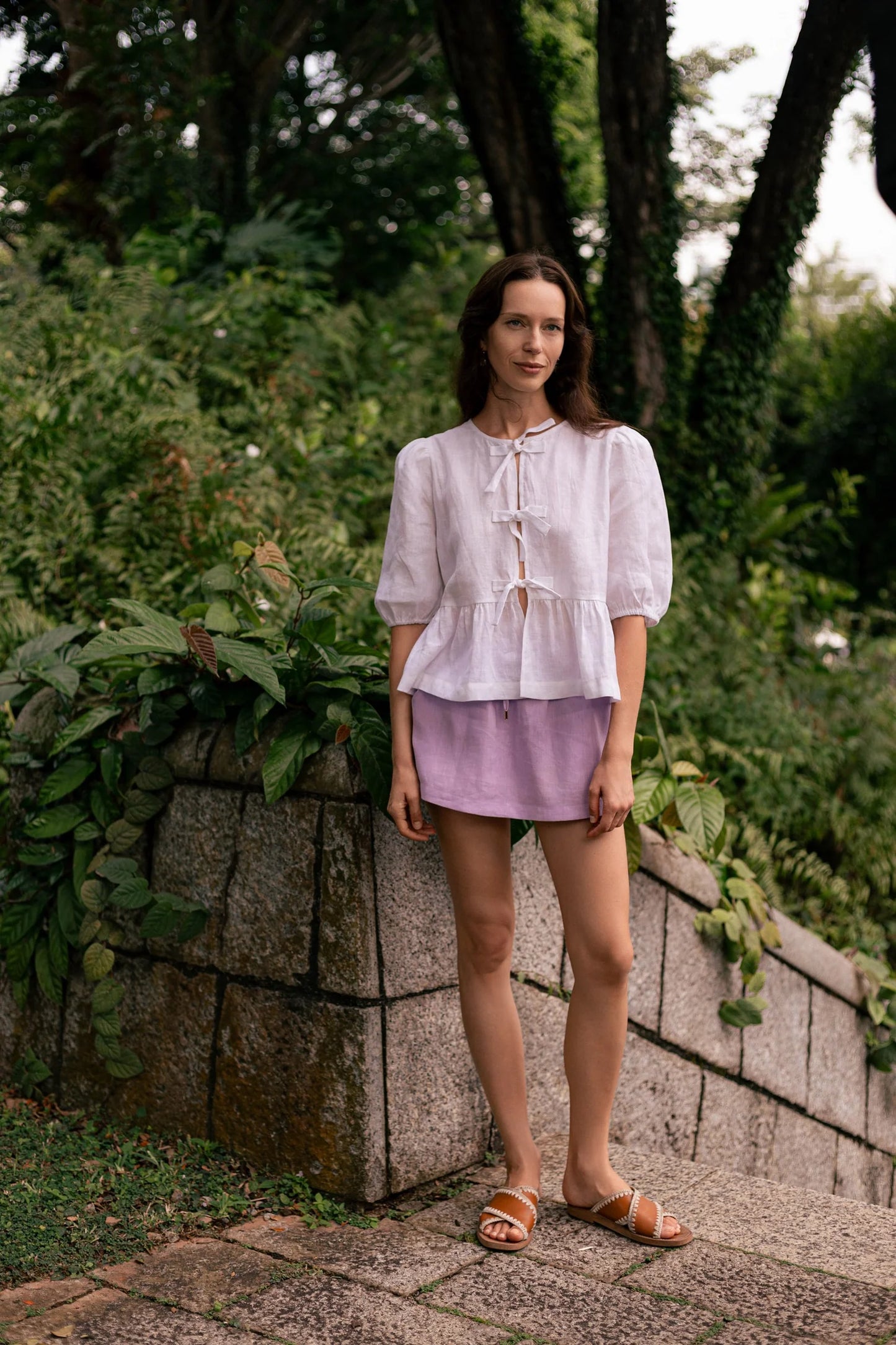 Classic Linen Front Bow Tie Top in White