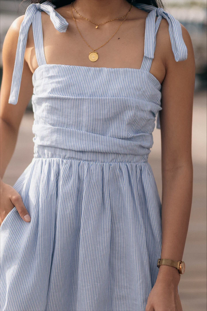 Classic Linen Maxi Dress in Blue and White Pinstripe