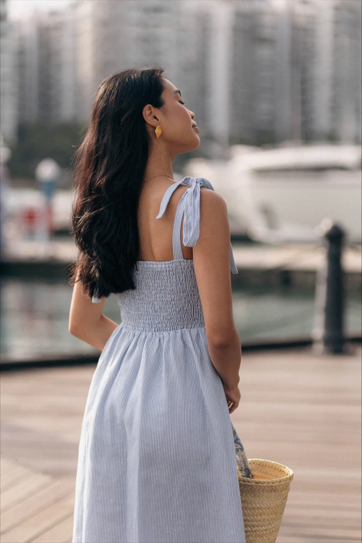 Classic Linen Maxi Dress in Blue and White Pinstripe
