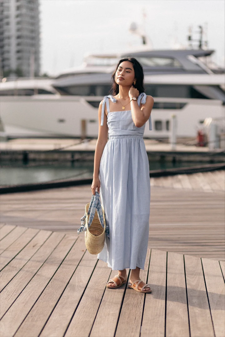 Classic Linen Maxi Dress in Blue and White Pinstripe