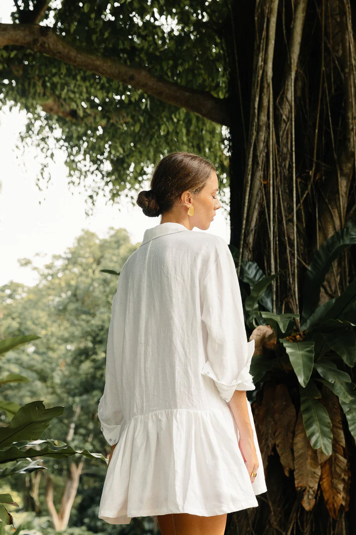 Classic Linen Drop Waist Dress in Summery White