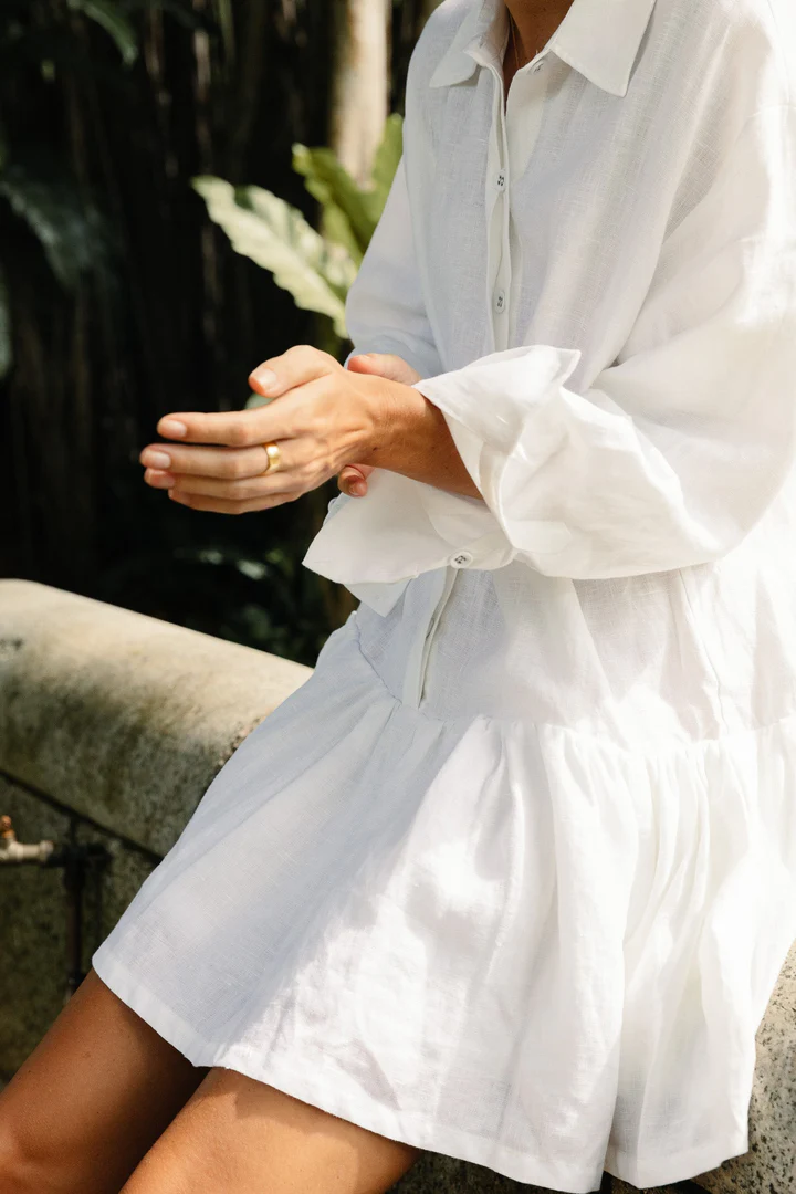 Classic Linen Drop Waist Dress in Summery White