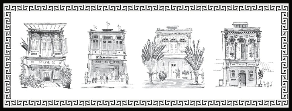 Black Oblong Lacquer Tray - Black & White Shophouses