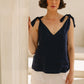 Classic Linen Shoulder Bow Tie Top in Navy Blue