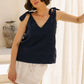 Classic Linen Shoulder Bow Tie Top in Navy Blue
