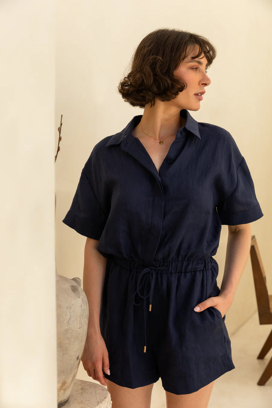 Classic Linen Playsuit in Navy Blue