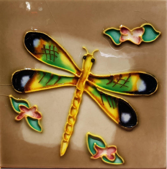 1009 Dragonfly with Red Flower 10cm x 10cm Pureland Ceramic Tile