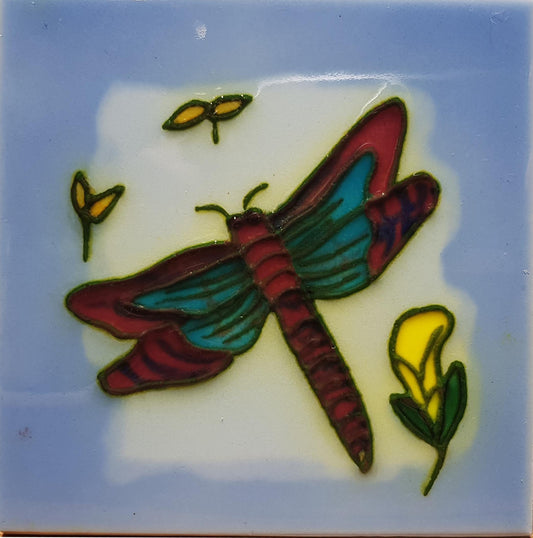 1010 Dragonfly with Yellow Flower 10cm x 10cm Pureland Ceramic Tile