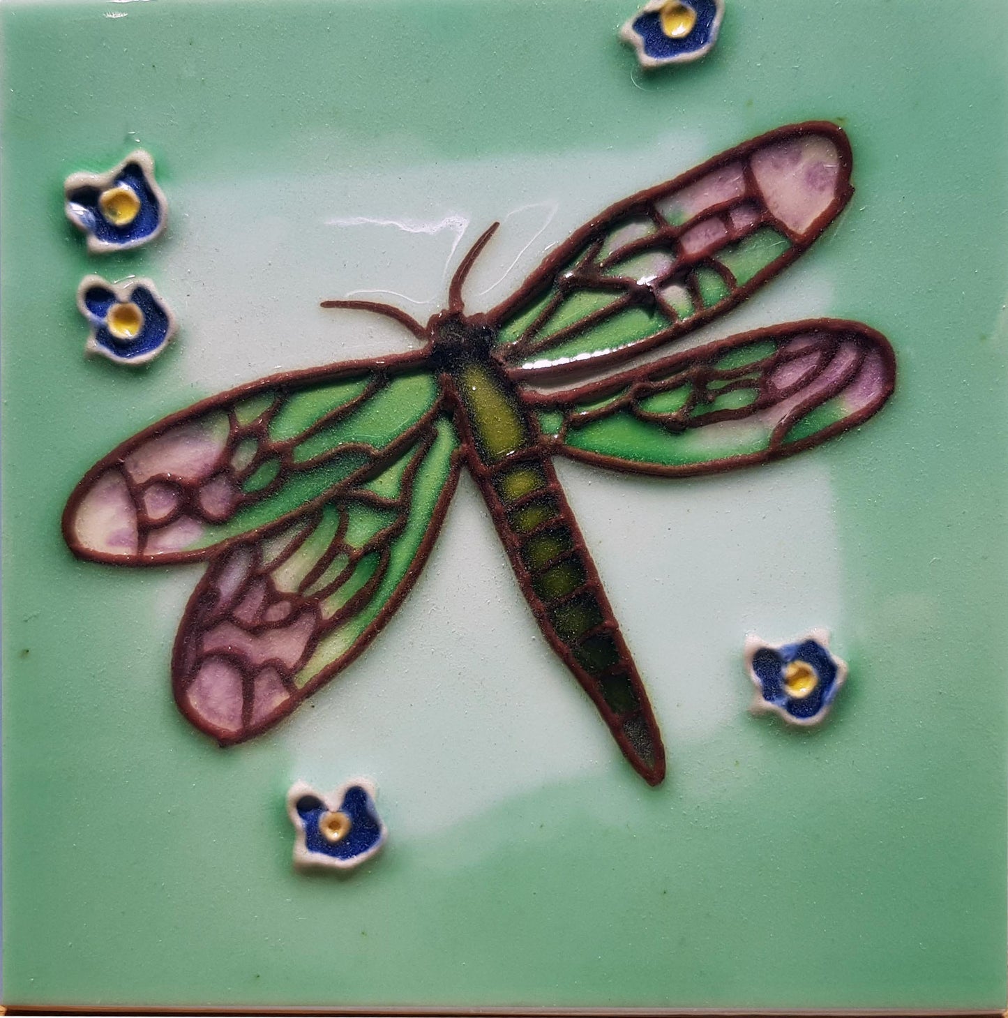 1011 Dragonfly with Blue Flower 10cm x 10cm Pureland Ceramic Tile