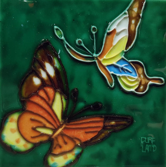 1036 Duo Butterflies with Green Base 10cm x 10cm Pureland Ceramic Tile
