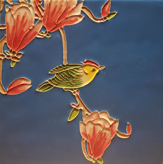 2141 Bird with Red Orchid 20cm x 20cm Pureland Ceramic Tile