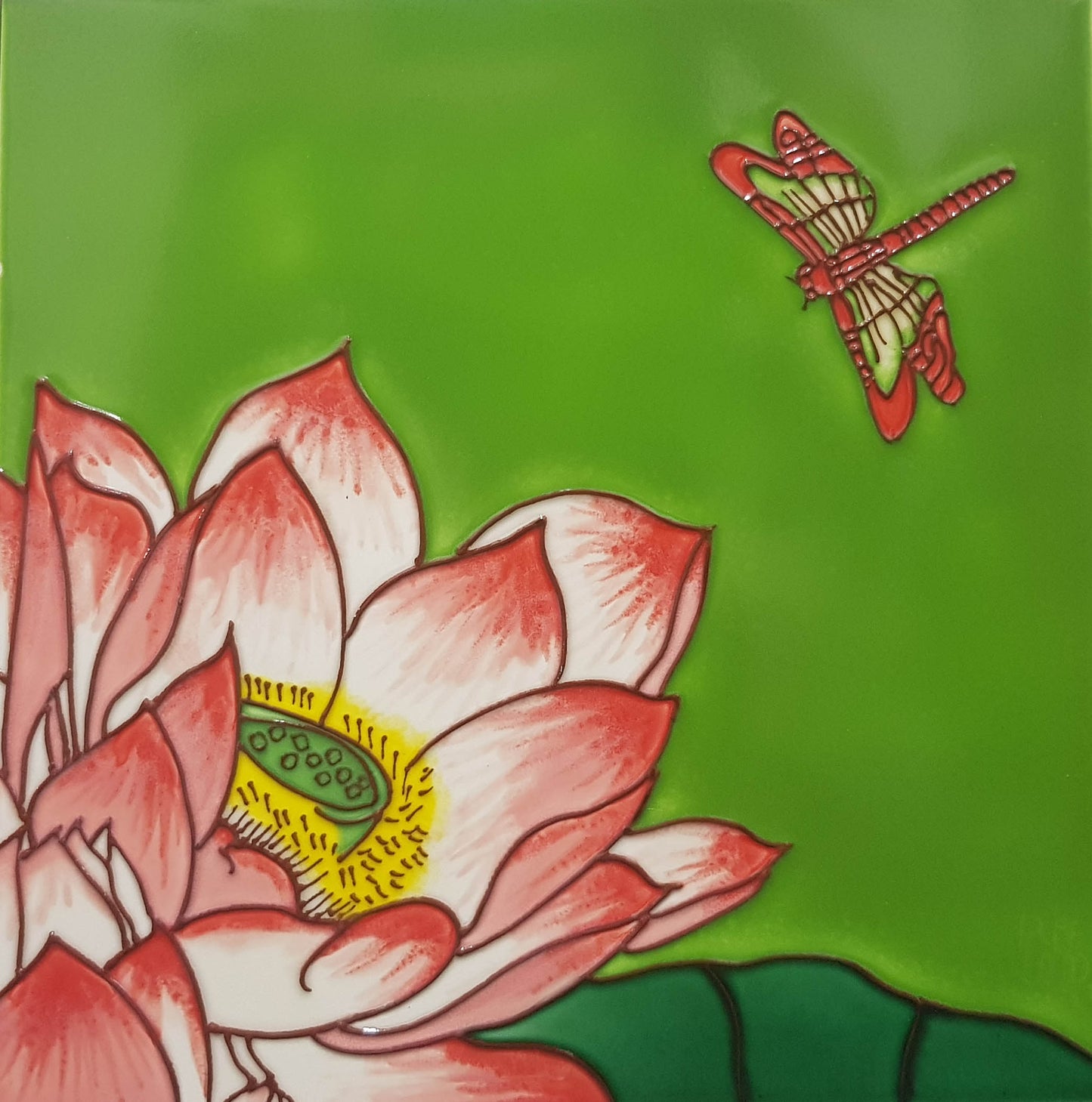 2164 Lotus Flower with Dragonfly Top Right 20cm x 20cm Pureland Ceramic Tile