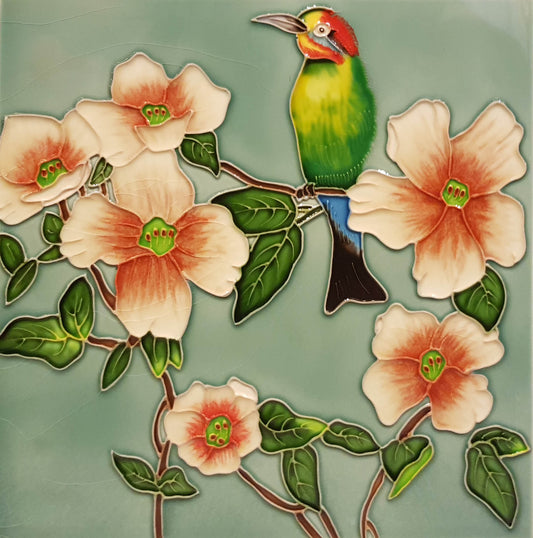 2183 Hibiscus and Kingfisher 20cm x 20cm Pureland Ceramic Tile