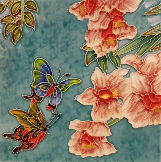 2184 Orchid and Butterfly 20cm x 20cm Pureland Ceramic Tile