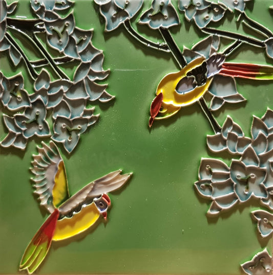 2186 Jade Leaf and Yellow Bird 20cm x 20cm Pureland Ceramic Tile